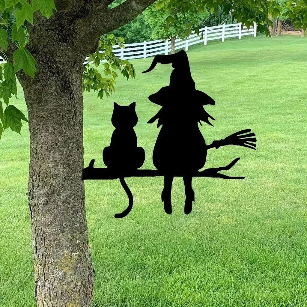 Eisen Silhouette niedlichen Hexe und Katze Garten Pfahl auf dem Zweig Hof Kunst Dekor, Baumstumpf Plug-In, für Garten Rasen Innenhof