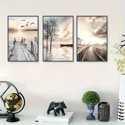 3pcs Modern Tranquil Lake Art Prints | Unframed Natural Style Decorative Paintings for Living Room Wall Decoration