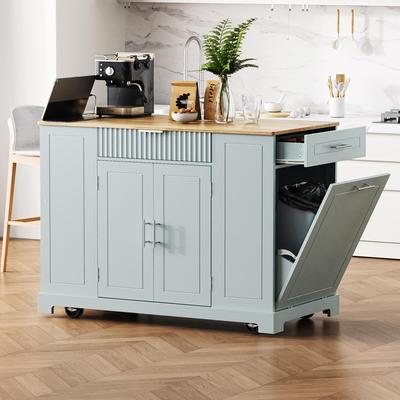 Fluted Kitchen Island with Trash Can Storage Cabinet, Power Outlet, Internal Storage Rack, Rolling Kitchen Islands on 5 Wheels
