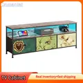 Comanlai Meuble TV LED, meuble TV long, table TV avec rangement, avec 3 tiroirs en tissu imprimé coloré, pour salon et chambre à coucher