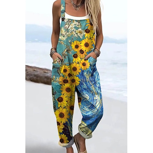 Damen Latzhose Aktiv Blumen Ärmellos Ärmellos Gerade Quadrathals Tasche mit Tasche Urlaub Täglich Lässiger Schnitt Rote Blau Grün Sommer Image