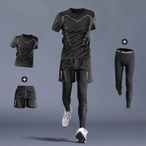 Herren Trainingsanzüge 3-teiliges Sport-Set Einfarbig Kombination Sommer 1 # 2 # Basketball Laufen Yoga Hohe Taille Schnelltrocknend Kurzarm Sport Sportkleidung Mikroelastisch Normale Passform Image