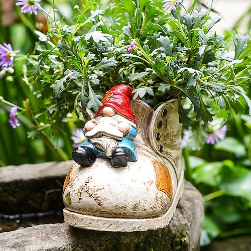 stiefelförmiger Gnom-Sukkulenten-Übertopf – farbenfroher handbemalter Blumentopf aus Kunstharz für Gartendekoration, Terrassenornament Anbau von Minipflanzen Image