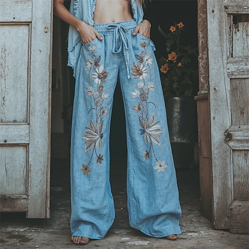 Damen Weites Bein Hosen Hose Palazzo-Hose Mode Boho Volle Länge Hohe Taille Blume Kordelzug Elastischer Bund Druck Atmungsaktivität Bequem Straße Alltagskleidung Ausgehen Blau Frühling Herbst Normale Image