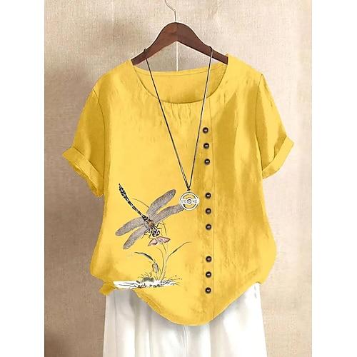 Damen Bluse Grafik Tiermotiv Vintage Tropisch Stilvoll Kurzarm Normale Oberteile Ferien Knöpfe Druck Weiß Gelb Marineblau Grün Sommer Frühling