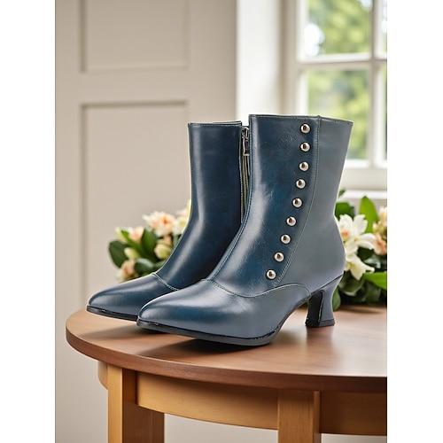 Damenstiefeletten mit Knöpfen im edwardianischen und viktorianischen Stil – zweifarbige Stiefeletten aus Leder mit Retro-Absatz für Kostümveranstaltungen, Vintage-Partys und historische Mode der Image