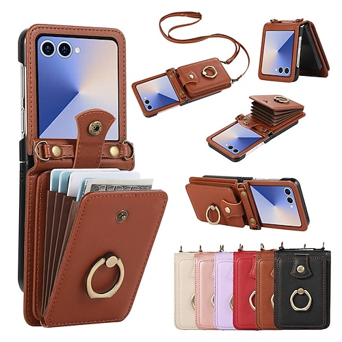 Handy Hülle Handyhüllen Für Samsung Galaxy Z Flip 7 Z Flip 6 Z Flip 5 Z Flip 4 Rückseite mit Trageriemen Ständer Kartenfach Retro TPU PU-Leder Image