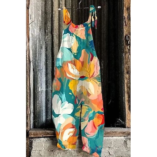 Damen Overall Urlaub Vintage Ethno-Stil Volle Länge Mittlere Taille Blumen Grafik Tiermotiv Atmungsaktivität Leicht Weich Unelastisch Lässig Täglich Urlaub Blau Rot Grün Sommer Frühling Image