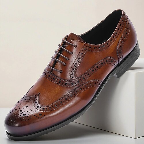 braune Brogue-Oxford-Schuhe im Wingtip-Stil für Herren – elegante Lederschuhe mit Schnürung im Vintage-Stil für Partys, geschäftliche Veranstaltungen und besondere Anlässe Image