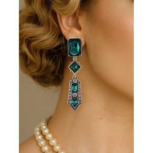 Damen-Ohrhänger im Art-Deco-Stil mit grünem Kristall – Statement-Schmuck im Vintage-Stil der 1920er Jahre für Gatsby-Partys und Retro-Abendveranstaltungen Image