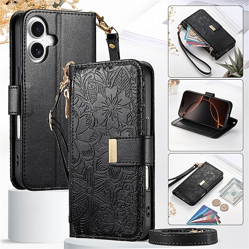 Handy Hülle Handyhüllen Für iPhone 16 15 14 Pro Max Plus 16e 13 Pro Max Brieftaschenhülle Flip-Cover Reisverschluss mit Trageriemen Mit Handgelenkschlaufe Baum Blumendruck TPU PU-Leder Image