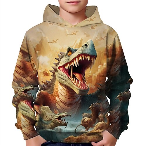 Jungen 3D Dinosaurier Kapuzensweatshirt Langarm Frühling Herbst Mode Streetwear Kinder 4-12 Jahre Mit Kapuze Outdoor Lässig Täglich Normale Passform Image