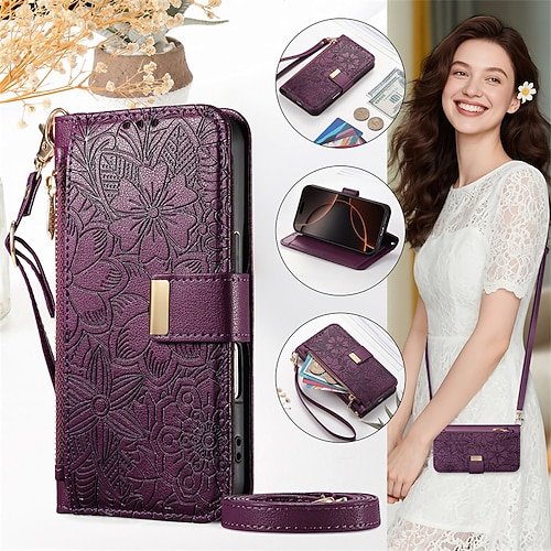 Handy Hülle Handyhüllen Für iPhone 16 15 14 Pro Max Plus 16e 13 Pro Max Brieftaschenhülle Flip-Cover Reisverschluss mit Trageriemen Mit Handgelenkschlaufe Baum Blumendruck TPU PU-Leder Image