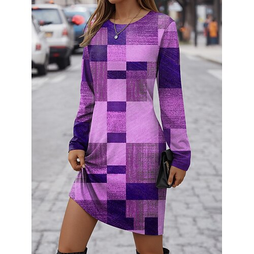 Damen Minikleid T-Shirt-Kleid Shiftkleid Lässig Täglich Normale Passform Grafik Geometrisch Langarm Rundhalsausschnitt Rote Blau Purpur Braun Frühling Herbst Winter Image
