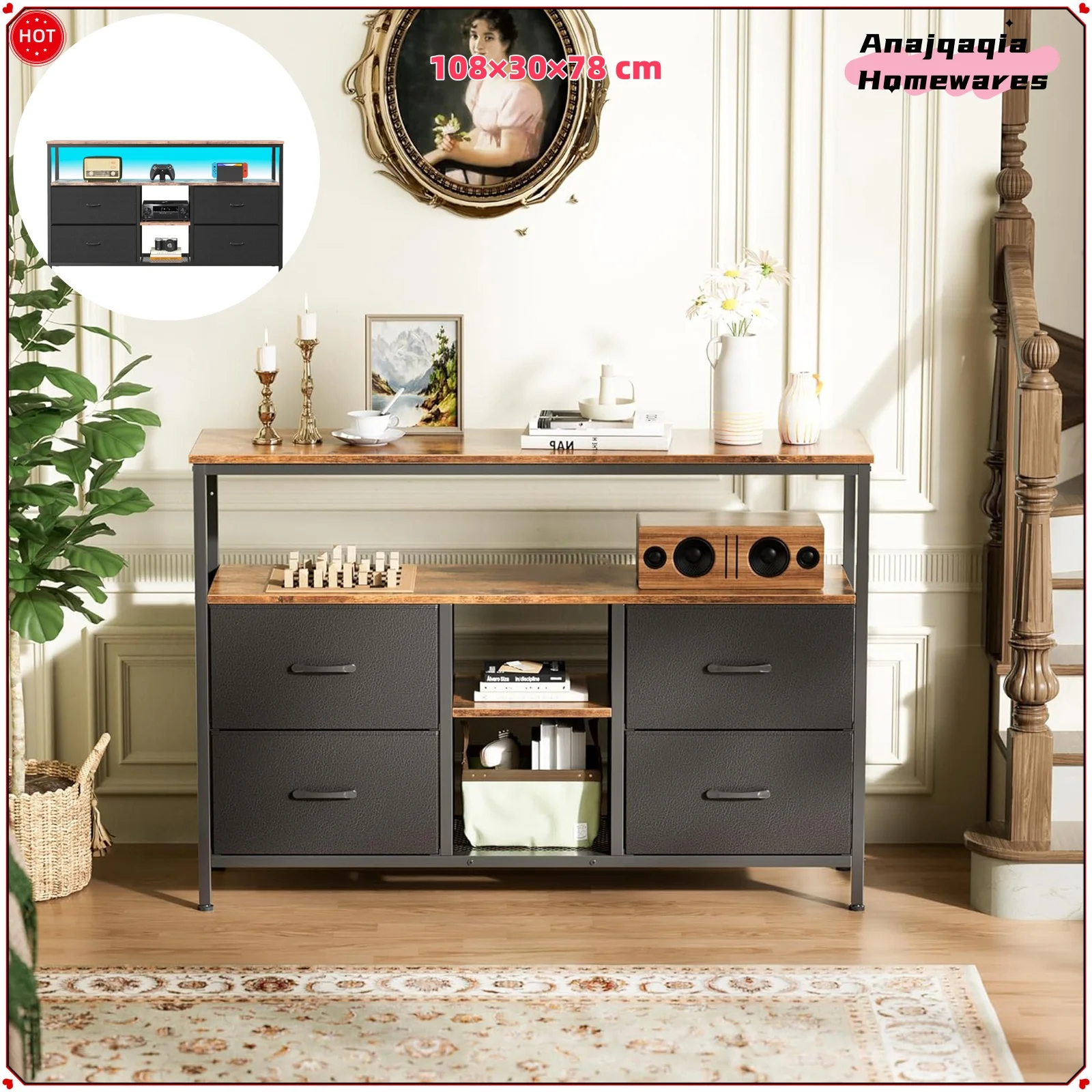 Anajqaqia LED-TV-Schrank mit Farbwechsel, Wohnzimmertisch mit 4 Schubladen, Schrank mit Stauraum, TV-Möbel, 108 x 30 x 78 cm