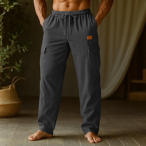 Herren Cargo-Hosen Leinenhosen Hose Sommerhose Strandhose Kordelzug Tasche Elastischer Bund Einfach Komfort Atmungsaktiv Knielang Urlaub Täglich Ferien Urlaub Hawaiianisch Schwarz Weiß Unelastisch Image