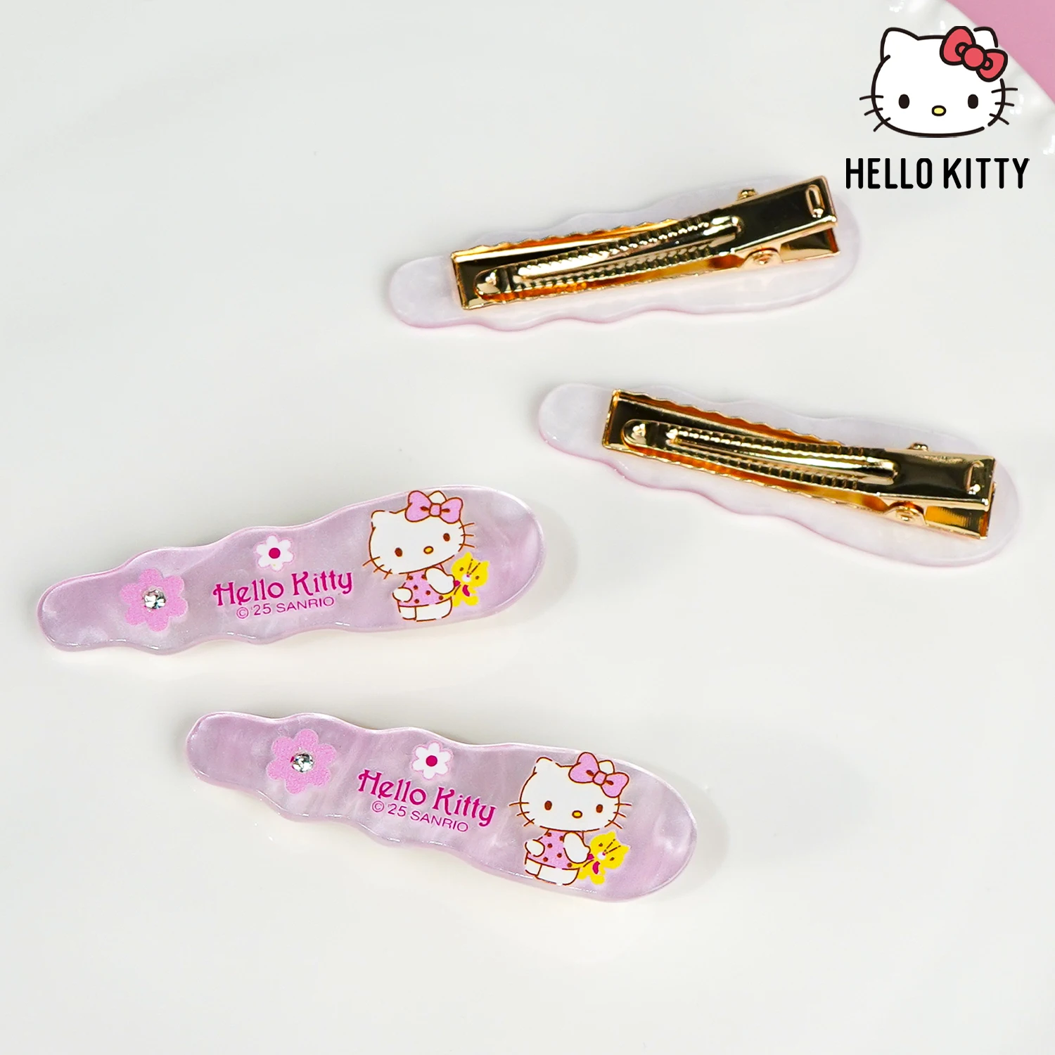 2er-Pack Hello Kitty Haarspangen – rosa Muschelstruktur mit Strasssteinen, süßer Alltags-Haarschmuck für Frauen