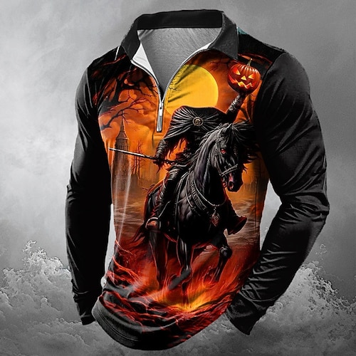 Herren Kürbis Poloshirts mit Reißverschluss Polo-Shirts Revers Lässig Horror Dunkel Outdoor Festival-Outfit 3D-Druck Frühling Herbst Winter Schwarz Gelb Orange Image