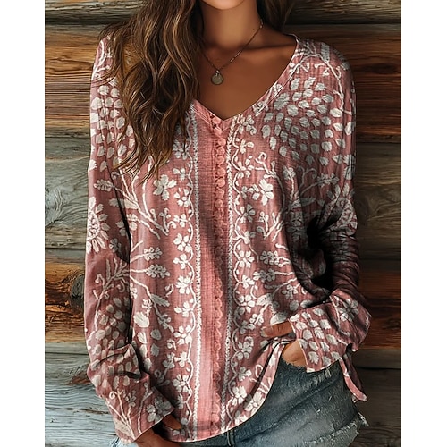 Damen Boho T-Shirt Langarm Floral Grafik Pflanzen Vintage Stylisch Lässig Langarm V-Ausschnitt Reguläre Oberteile Täglicher Wochenenddruck Salbeigrün Pink Rot Lila Grün Frühling Herbst Vorherherbst Image