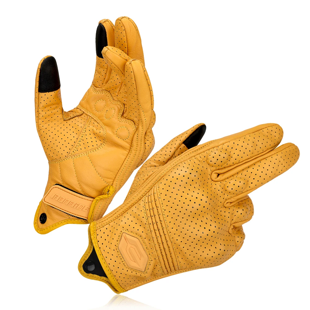 Retro Gelb Leder Motorrad Handschuhe Sommer Männer Biker Radfahren Racing Handschuhe Atmungsaktive Motorrad Motocross Handschuhe Image