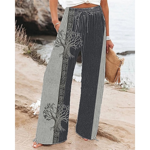 Damen Weites Bein Hosen Hose Palazzo-Hose Mode Boho Volle Länge Hohe Taille Farbblock Baum Kordelzug Elastischer Bund Druck Atmungsaktivität Bequem Straße Alltagskleidung Ausgehen Grau Frühling Herbst Image