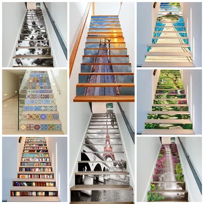 6 stücke/13 stücke Original Wald Wasserfall Landschaft Gedruckt Treppen Aufkleber Wasserdichte Dekoration Hause Treppenhaus Riser Trends Aufkleber Image