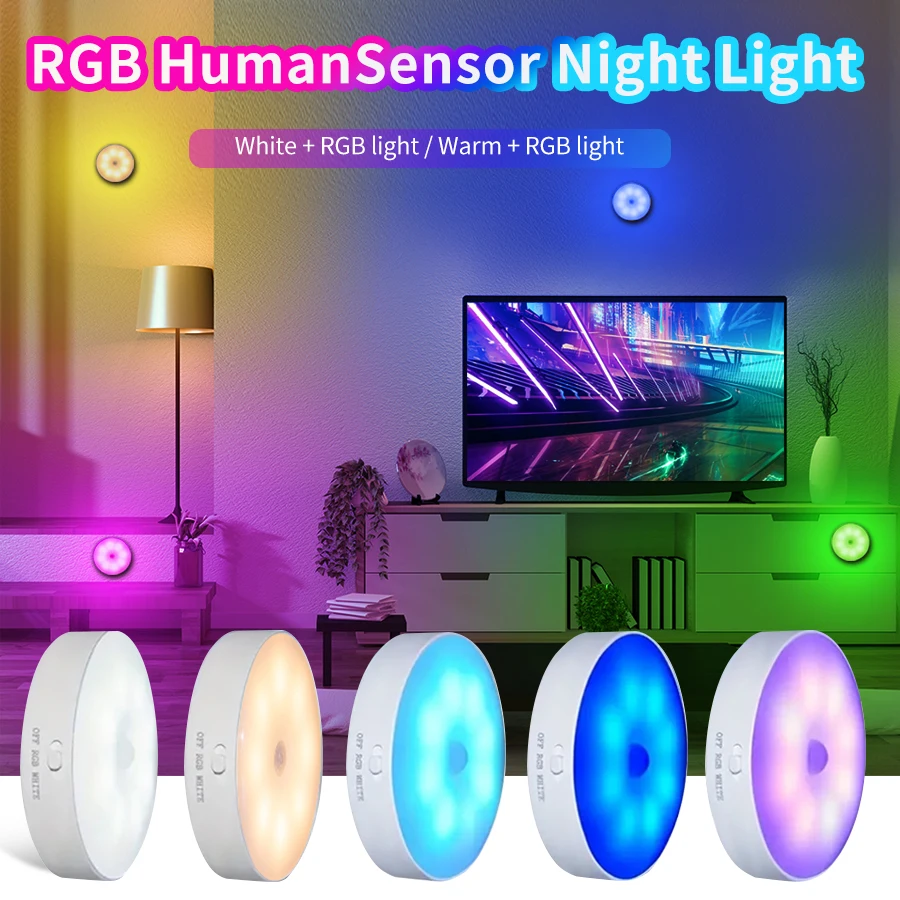 LED Motion Sensor Nachtlicht Runde RGB Kalt Warm Licht Magnetische Schrank Licht Wohnzimmer Küche Schlafzimmer Nacht Umgebungs Lichter Image