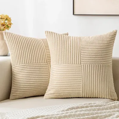 Cremegelbe Cord Kissen bezüge Boho Dekor gespleißte Kissen bezüge weiche feste Couch Patchwork Kissen bezüge für lebende Bett Sofa Image