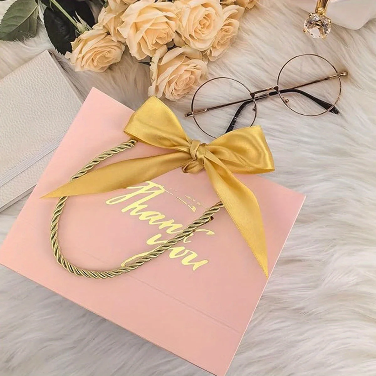 12 Stück rosa „Danke“ Bronzing-Geschenktüten mit Griffen, wiederverwendbare Geschenk-Aufbewahrungsverpackungsbeutel aus Papier ZSY Image