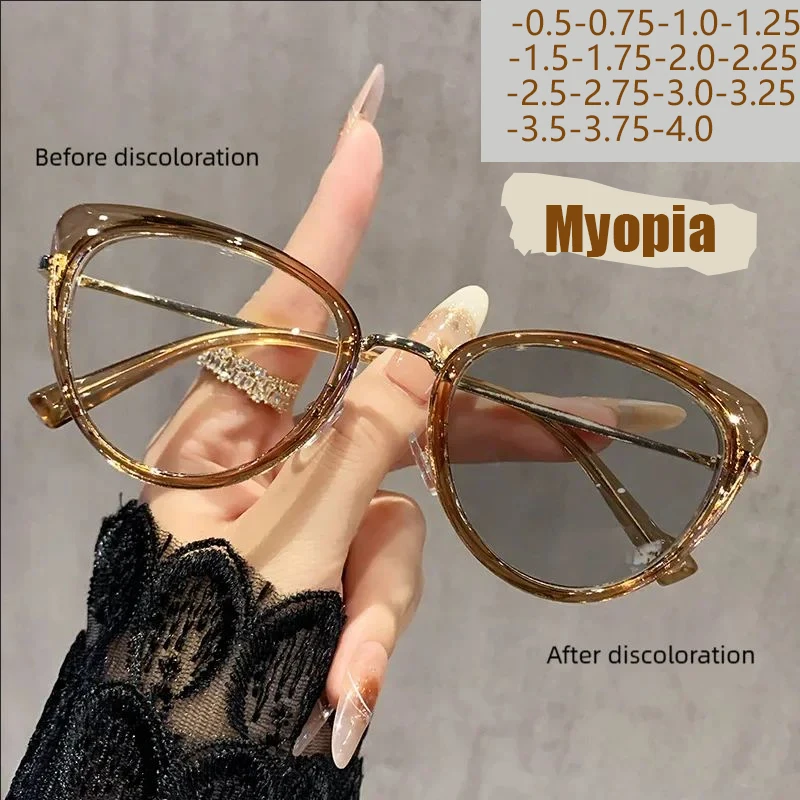 Neue Myopie-Brille, lichtempfindlicher Farbwechsel, Trend, Metall, Retro, High-End-Myopie-Brille ohne Gesicht, 038 Image