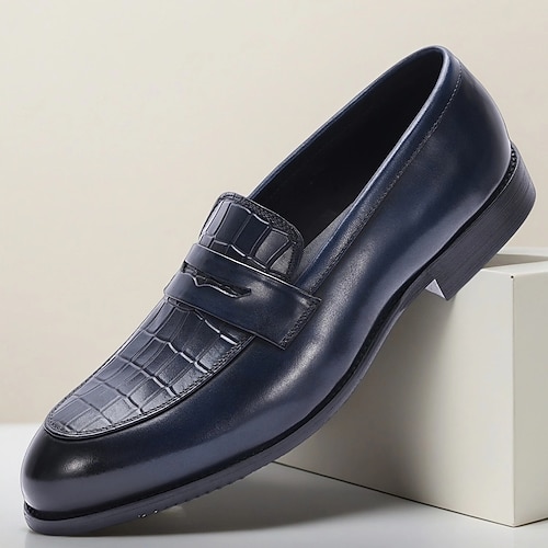 marineblaue Pennyloafer mit Krokoprägung für Herren – elegante Slipper aus Leder für Arbeit, Reisen und Business-Freizeitkleidung Image
