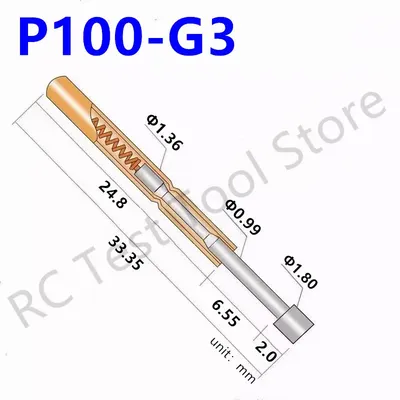 20/100PCS P100-G3 Spring Test Probe Pogo Pin Spring Test Pin Length 33.35mm Needle Dia 1.36mm Test Probe Head Dia 1.80mm P100-G