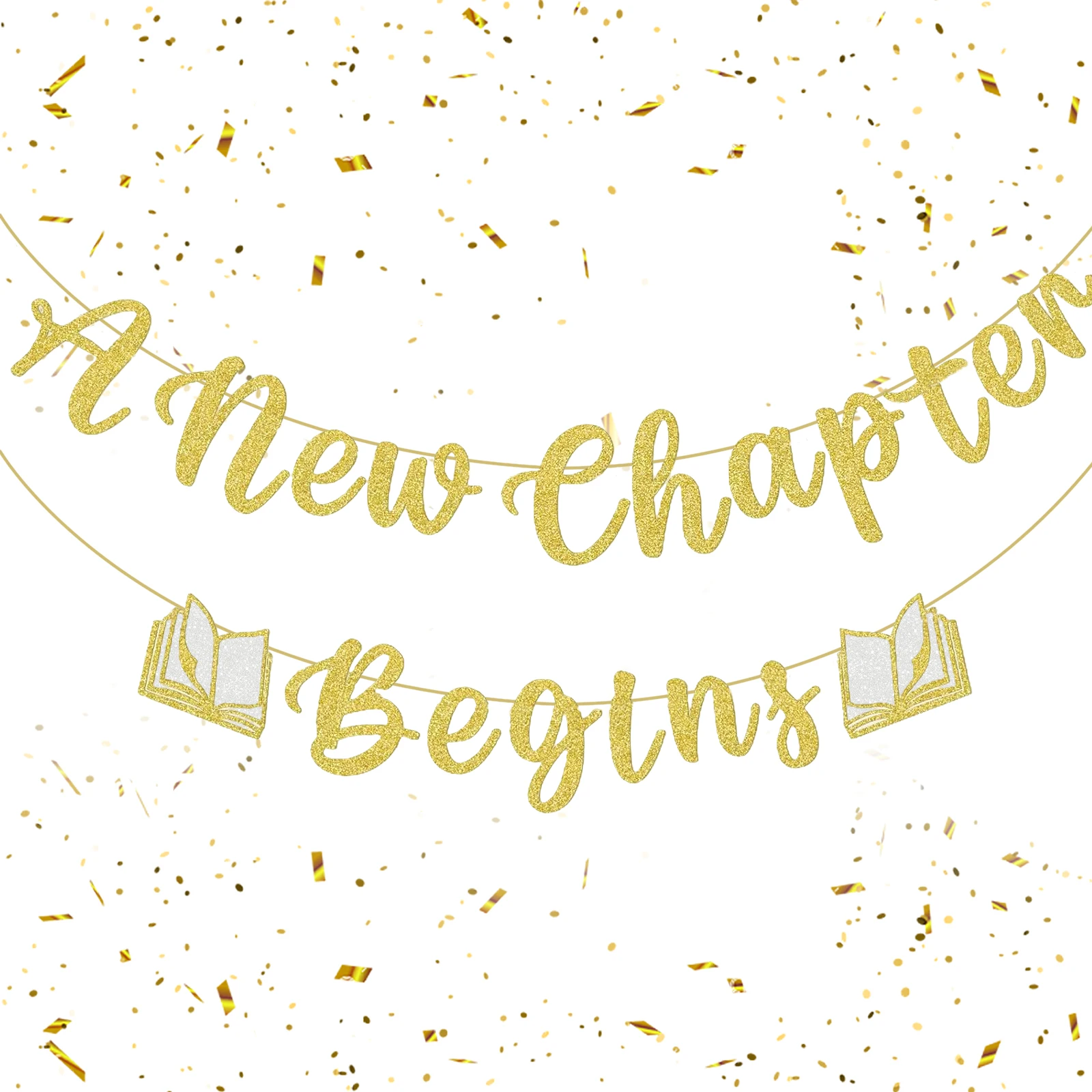 Ein neues Kapitel beginnt Banner – Buchdekorationen für Babypartys, Lese-Partydekorationen, Gold und Weiß Image