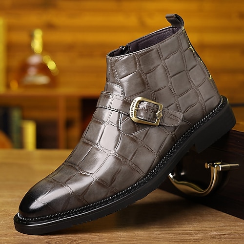 Braune Monkstrap-Stiefel mit Krokodilprägung für Herren – Vintage-Stiefeletten aus Kunstleder mit Schnalle für formelle Anlässe und stylische Herbst-Outfits Image