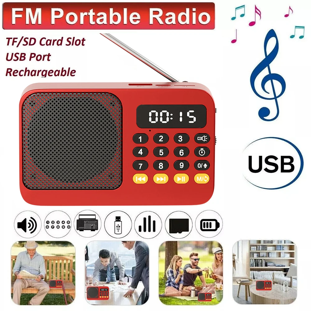 Tragbares FM-Radio mit Taschenlampe, wiederaufladbares Radio, TF-Karte/U-Disk, Bluetooth 5.0, MP3-Musik-Player, kabelloser Lautsprecher Image