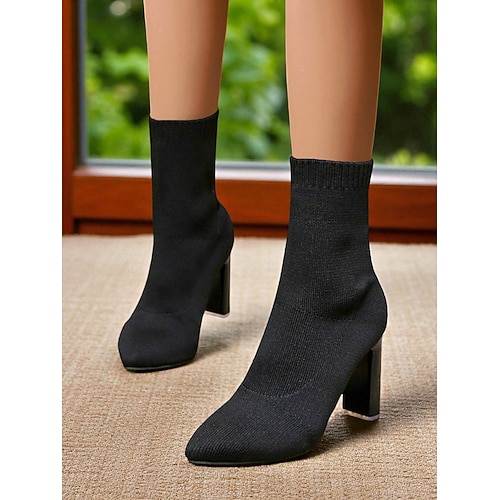 Schwarze Sockenstiefeletten für Damen – Stiefeletten aus Stretch-Strick mit spitzer Zehenpartie und hohem Blockabsatz für den urbanen Herbst-/Winterstil, zum Pendeln und für schicke Alltagsoutfits Image