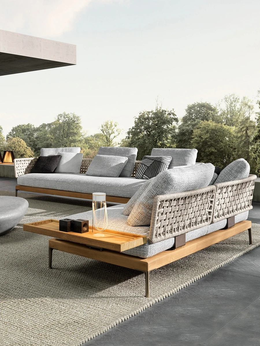 Freizeit Outdoor Sofa Innenhof Garten Villa Teak Möbel Rattan Stuhl Hotel Open-Air Konservierungsmittel Holz Couchtisch Kombination