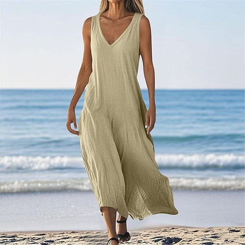 Damen Langes Kleid Maxikleid Freizeitkleid Sommerkleid Mode Modern Täglich Strand Wochenende Normale Passform Einfach Ärmellos V Ausschnitt Blau Weiß Aprikose Frühling Herbst Image