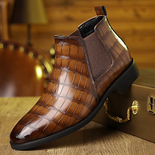 Herren Stiefel Chelsea-Stiefel Spaziergang Vintage Lässig PU Leder Bequem Rutschfest Warm Stiefeletten Loafer Hellbraun Dunkelbraun Schwarz Herbst Winter Image