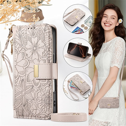 Handy Hülle Handyhüllen Für iPhone 16 15 14 Pro Max Plus 16e 13 Pro Max Brieftaschenhülle Flip-Cover Reisverschluss mit Trageriemen Mit Handgelenkschlaufe Baum Blumendruck TPU PU-Leder Image