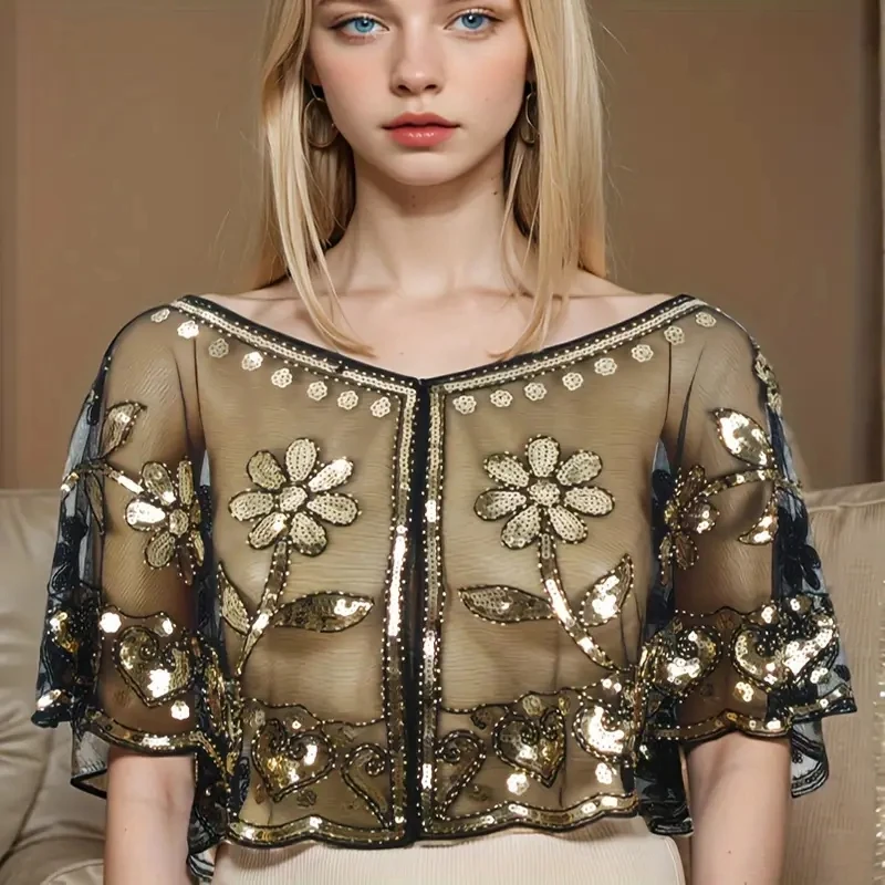 Eleganter Pailletten-Perlen-Blumen-Mesh-Schal, Vintage-inspirierter kurzer Umhang mit schwarzem Besatz, atmungsaktiv für den Abend Image