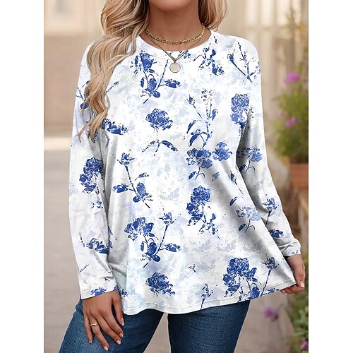 Damen Übergröße Oberteile T Shirt Blumen Grafik Druck Langarm Rundhalsausschnitt Lässig Täglich Polyester Herbst Winter Blau Rosa Image