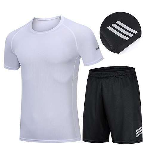 Herren Trainingsanzüge 2-teiliges Sport-Set Einfarbig Kombination Sommer Schwarz Weiss schwarz Basketball Laufen Yoga Hohe Taille Schnelltrocknend Kurzarm Sport Sportkleidung Mikroelastisch Normale Image