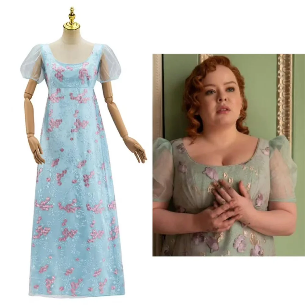 Penelope Featherington Cosplay-Kostüm für Damen, blaue Spitze, Jane Austin Regency, hohe Taille, Teeparty-Kleid Image
