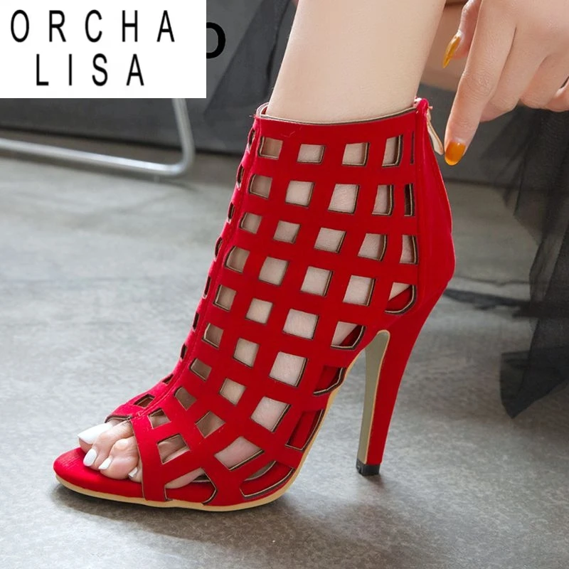ORCHA LISA Neue Design Weibliche Sandalen Peep Toe Stiletto 10 cm Flock Wildleder Zipper Atmungs Große Größe 48 49 50 Sexy Dating schuhe