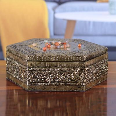 'Indian-Inspired Floral Embossed Brass Mango Wood Jewelry Box'