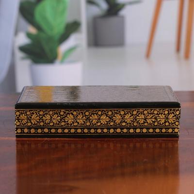 'Leaf-Patterned Black Gold Papier Mache Wood Decorative Box'