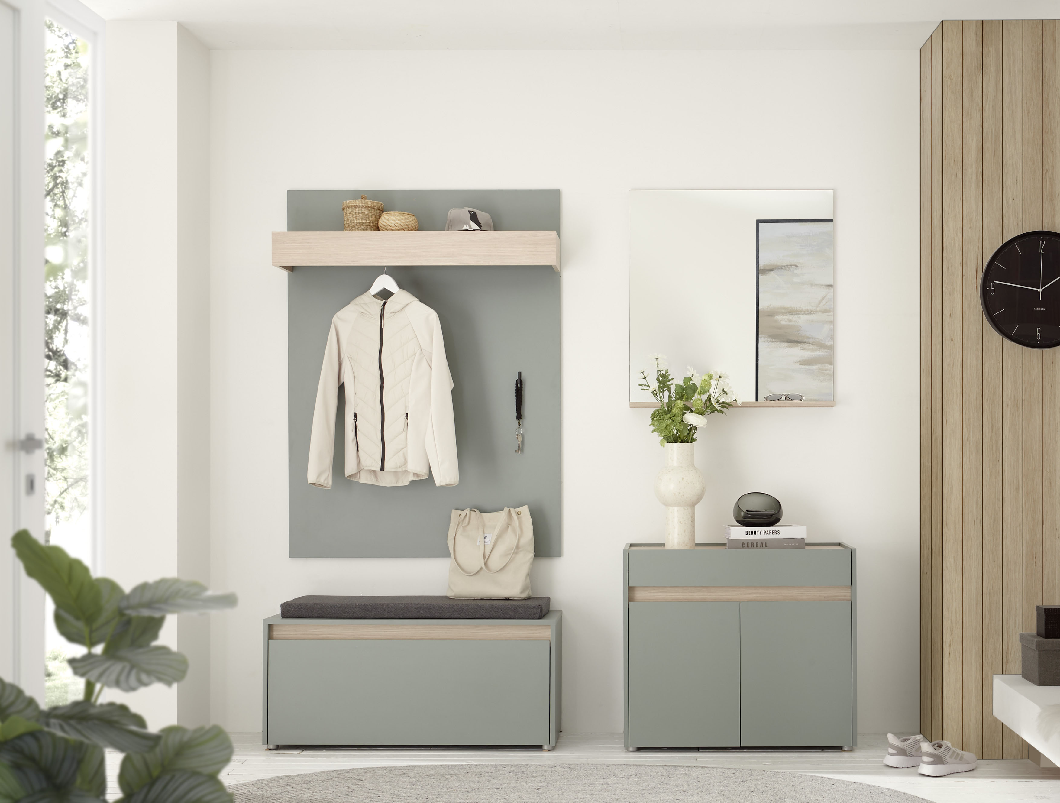 Garderoben-Set INOSIGN "GIRON/CiTY, moderne Garderobe, Komplettset mit viel Stauraum", grün, B:190cm H:200cm T:40cm, Holzwerkstoff, Kastenmöbel-Sets, enthält Kommode, Spiegel, Paneel & Schuhbank +Sitzkissen, 190 cm breit