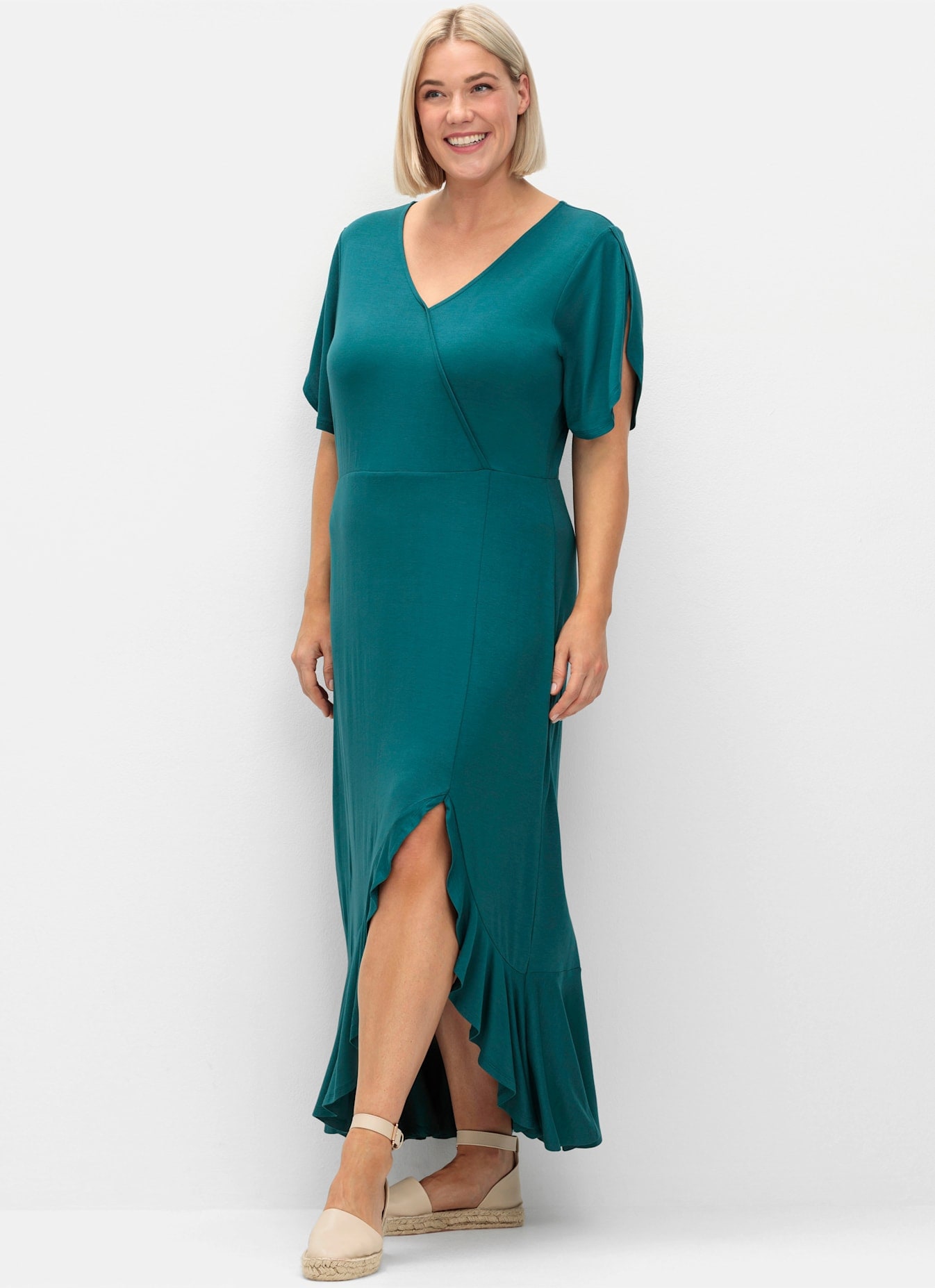 Jerseykleid SHEEGO "Jerseykleid", Damen, Gr. 56, Normalgrößen, petrol, Jersey, 95% Viskose, 5% Elasthan, unifarben, lang, V-Ausschnitt, Kleider Image