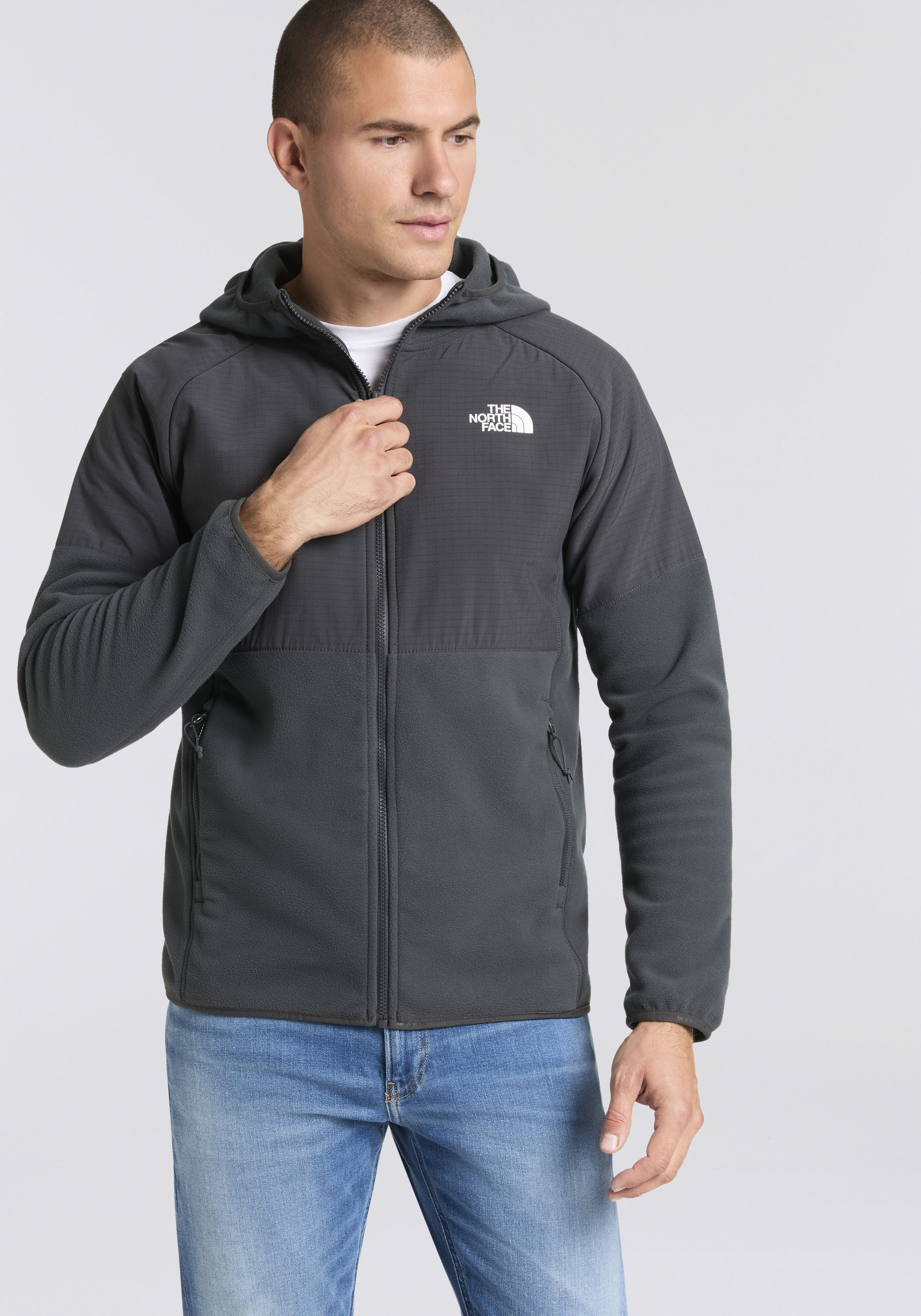 Fleecejacke THE NORTH FACE "Glacier Fleece", Herren, Gr. M, grau (asphalt grau), Web, Obermaterial: 100% Polyester, normal, hoch geschlossener Ausschnitt, Raglanärmel eingefasste Kante, Jacken Fleecejacke, sportlicher Stil, mit Kapuze und Gummizug,...